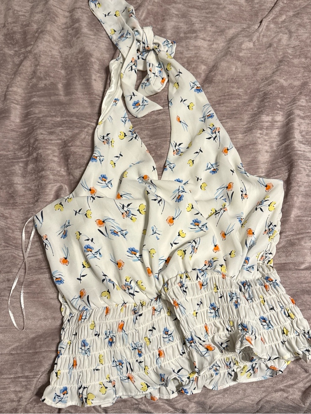 White Floral Halter Smocked Camisole Top